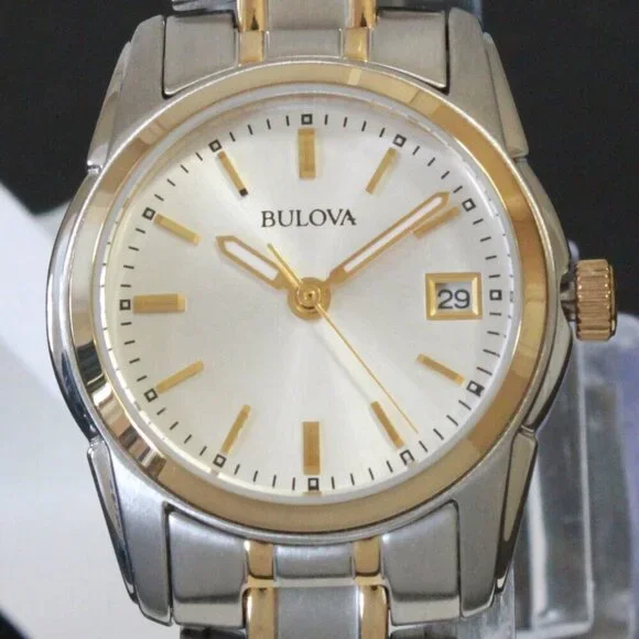 Bulova Women's Quartz Watch Two-Tone Case Silver Sunray Dial Date 26mm - Picture 9 of 13